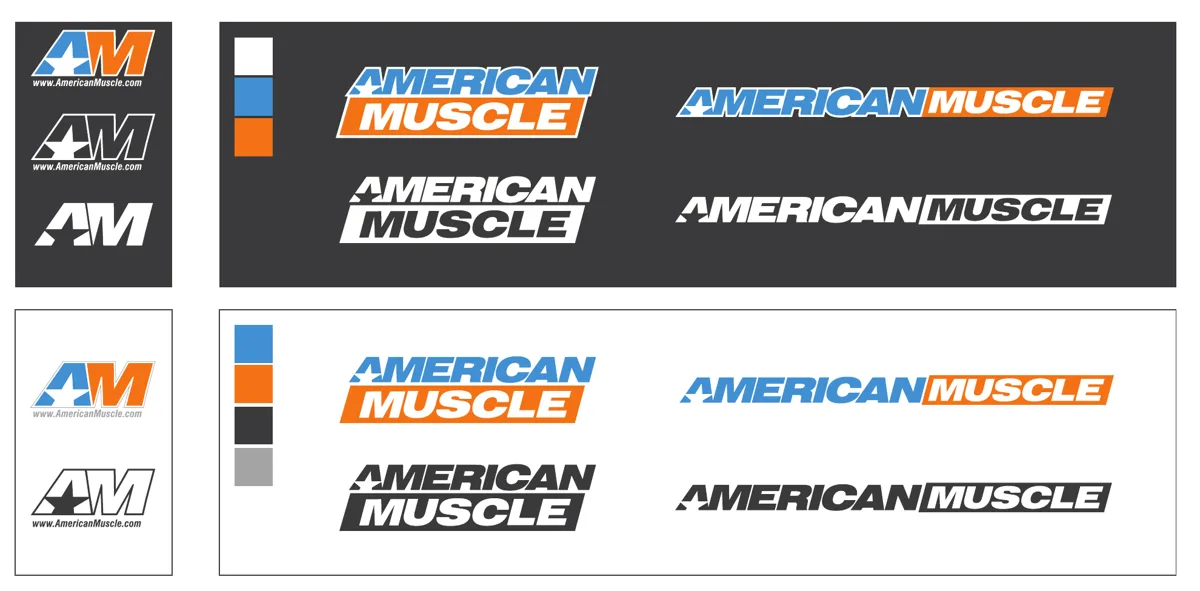 AmericanMuscle logo standards showing the AM mark and wordmark in color, white and gray on dark and light backgrounds
