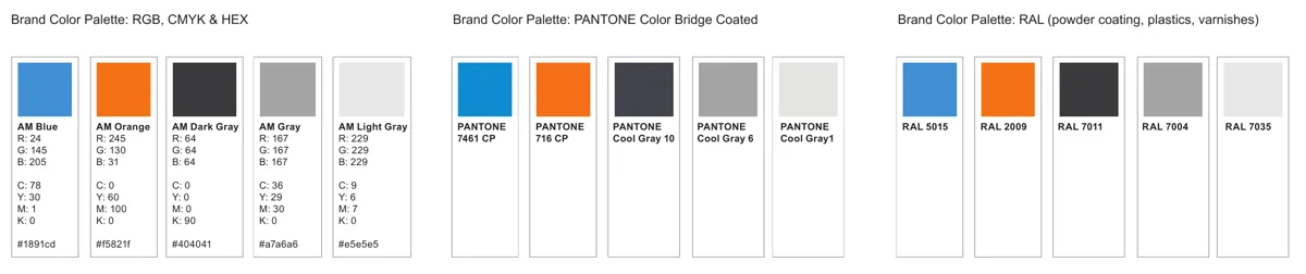 AmericanMuscle brand color palette with RGB, CMYK, hex, Pantone and RAL values