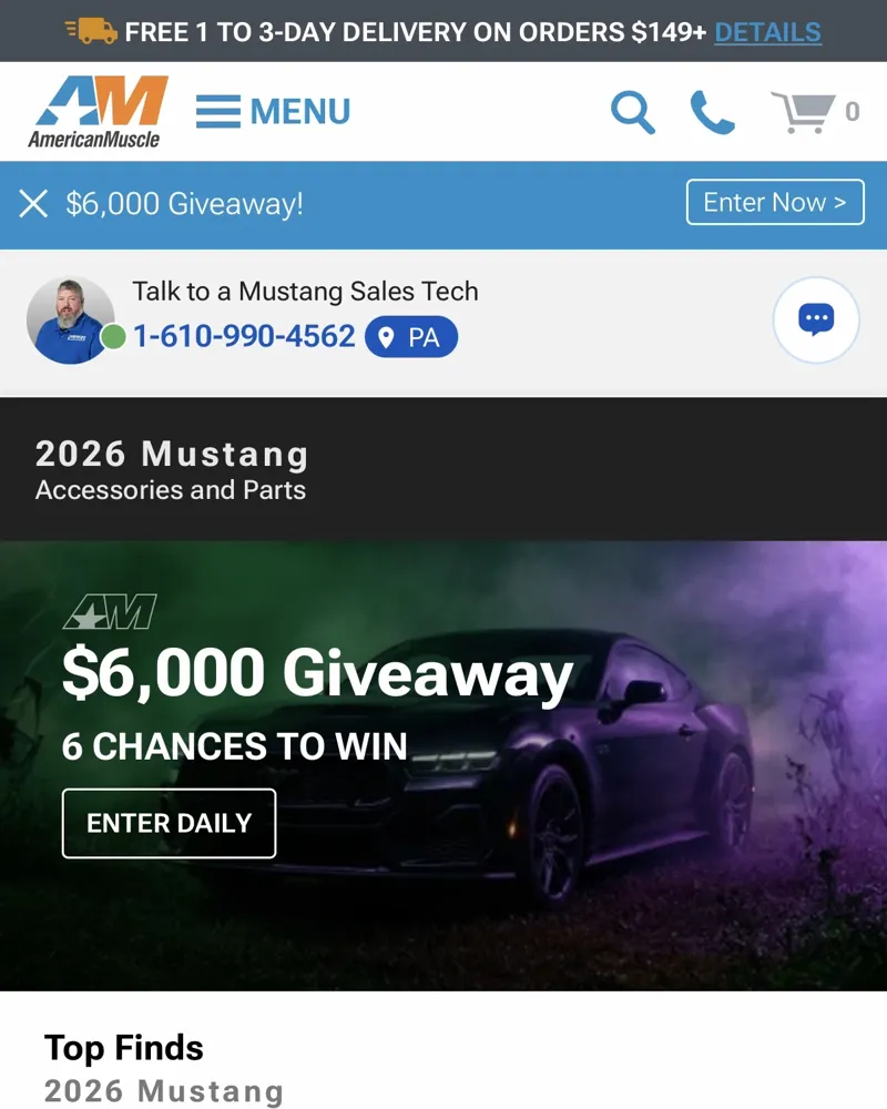 AmericanMuscle storefront on mobile, showing the logo in the header, giveaway banner and navigation