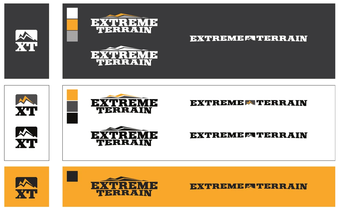 ExtremeTerrain logo standards showing the XT mark and wordmarks on dark, light and yellow backgrounds