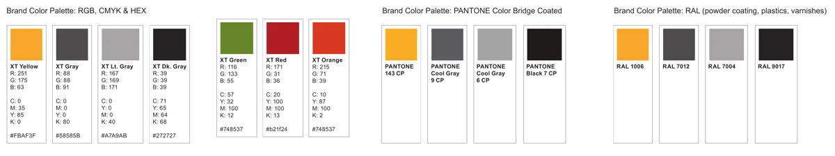 ExtremeTerrain brand color palette with RGB, CMYK, hex, Pantone and RAL values, plus green, red and orange accent colors