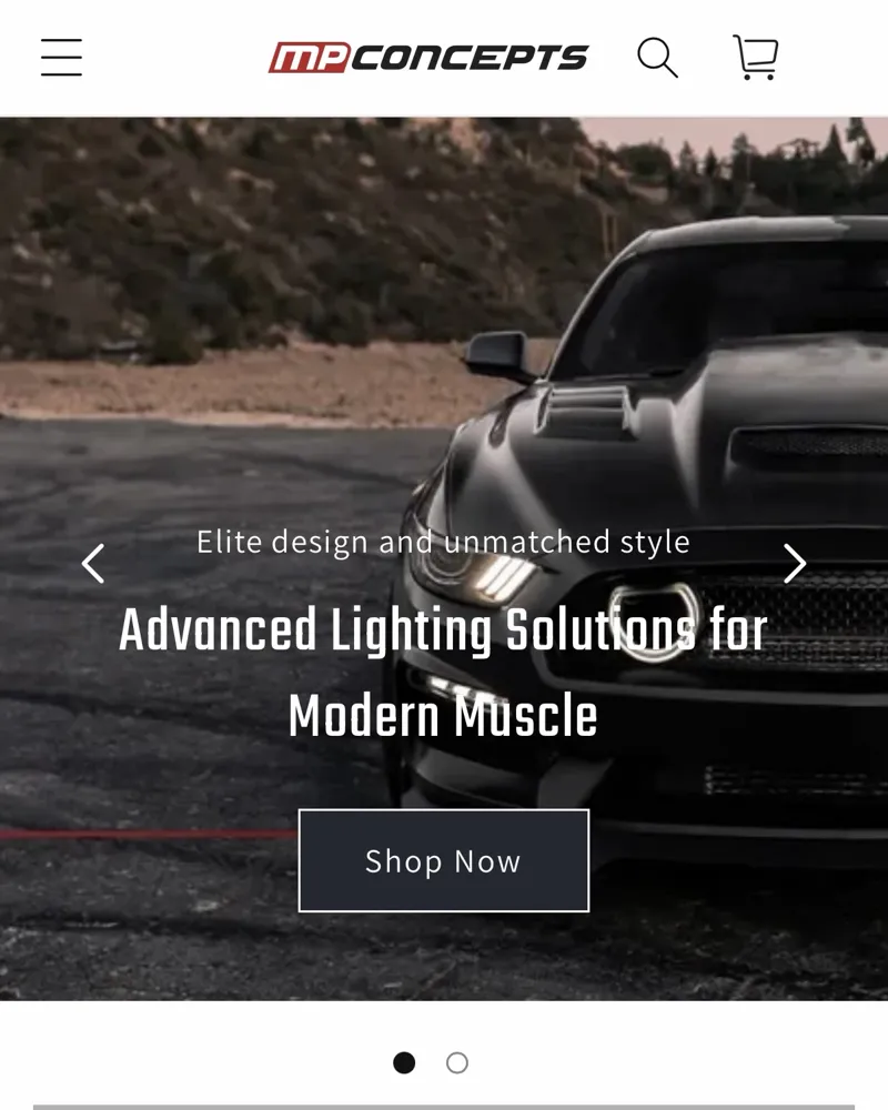 MP Concepts storefront on mobile, showing the logo in the header and a lighting hero banner