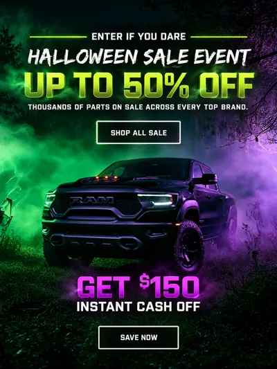Final creative for Example 1: Halloween launch email: a black RAM truck in green and purple fog