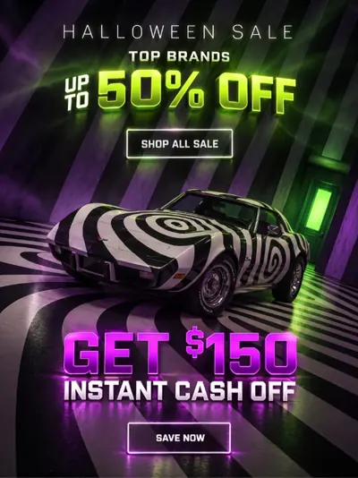 Final creative for Example 2: a zebra-striped Corvette in a purple and green room