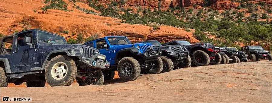 Row of Jeeps on red rock with the Go Topless Day logo