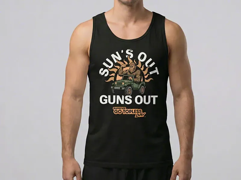 Black Sun's Out Guns Out tank with a Sasquatch driving a Jeep
