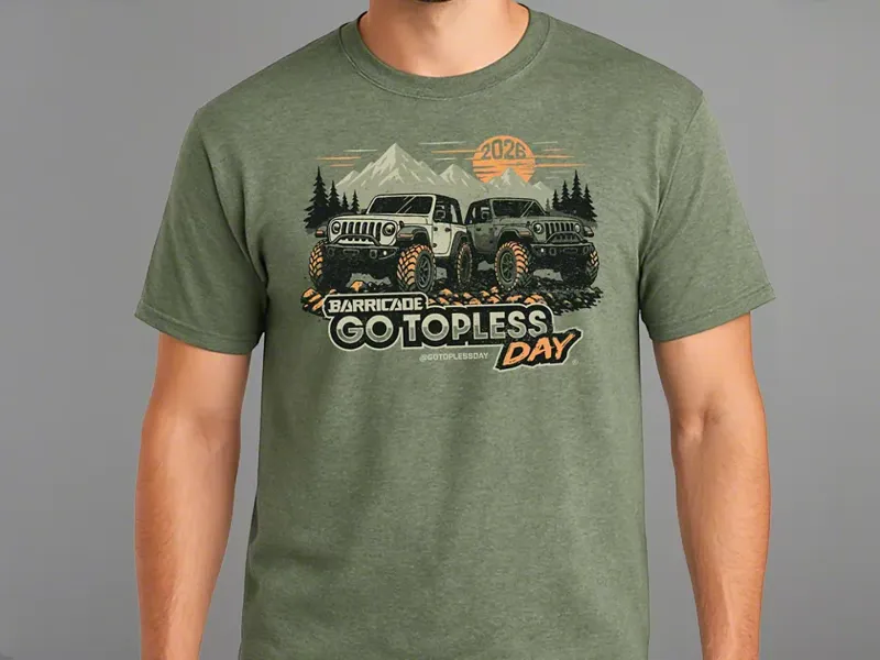 Green 2026 Go Topless Day tee with two Jeeps, mountains and a sunset graphic