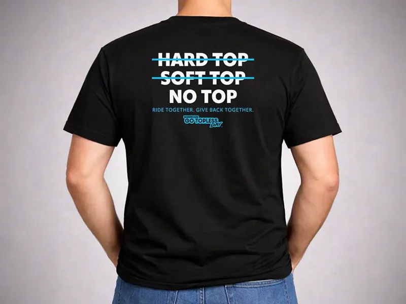 Black tee back print reading Hard Top, Soft Top, No Top, Ride Together, Give Back Together