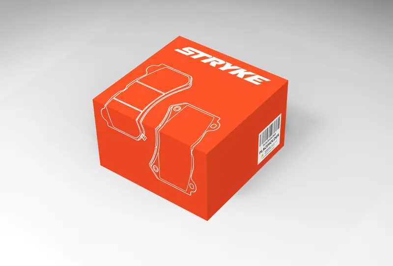 Stryke orange brake pad box with a pad line drawing and the Stryke wordmark