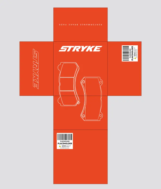 Flat dieline artwork for the Stryke brake pad box