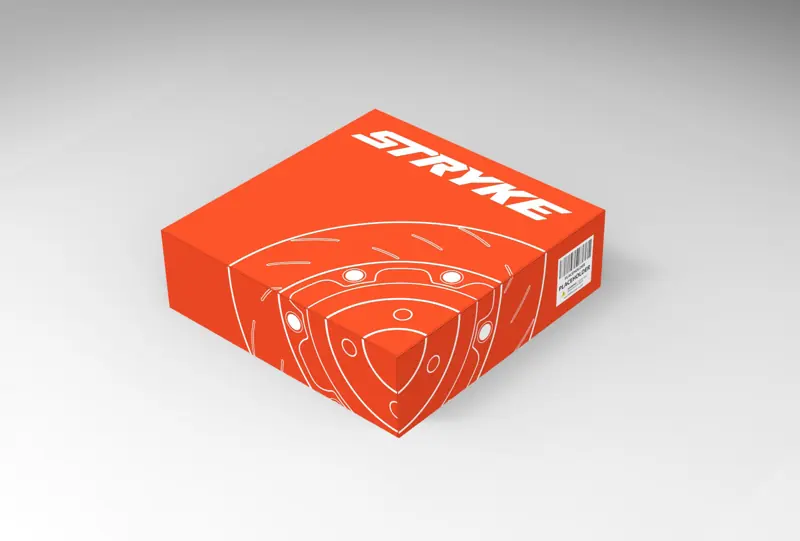 Stryke orange brake rotor box with a rotor line drawing across the top