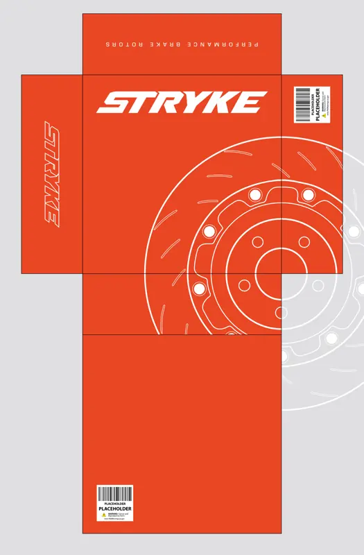 Flat dieline artwork for the Stryke brake rotor box