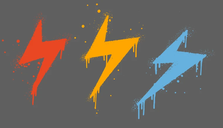 Spray-painted orange, yellow and blue lightning bolts from the throtl Throwdown style guide